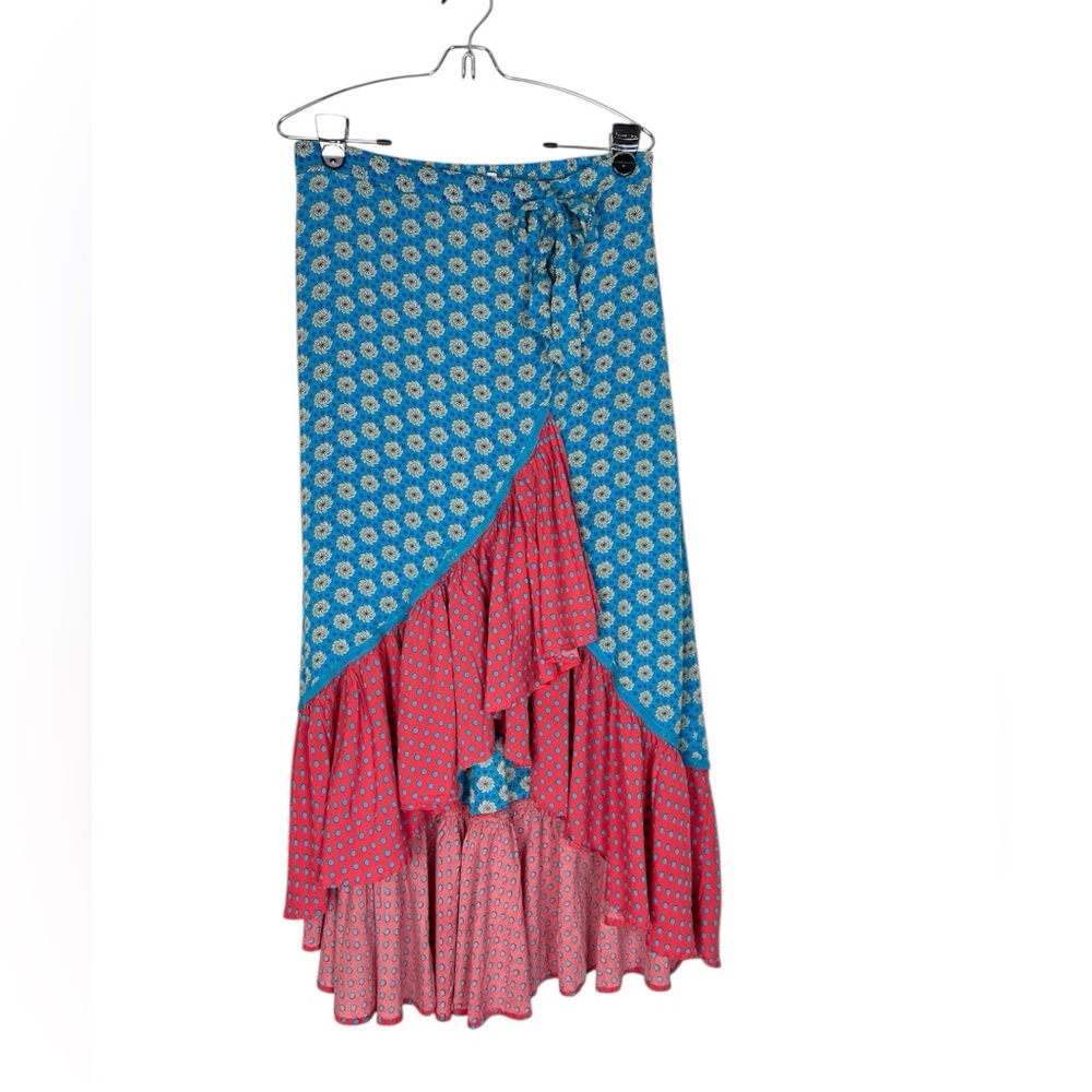 Colorful high low skirt ruffled size Large red blue‎ polka dot floral lined maxi